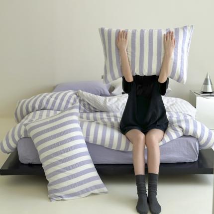 玛奇朵 2023新款色织双层皱纱-韩系条纹四件套 韩系条纹-莫奈紫