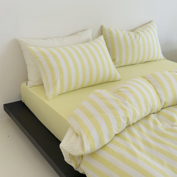 91家纺网 家纺一手货源 找家纺 玛奇朵 2023新款色织双层皱纱-韩系条纹四件套 韩系条纹-奶黄