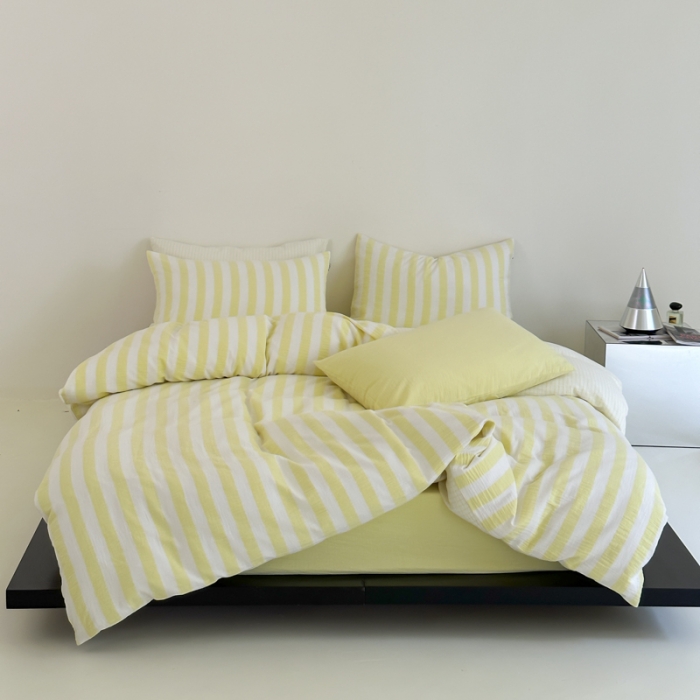 91家纺网 家纺一手货源 找家纺 玛奇朵 2023新款色织双层皱纱-韩系条纹四件套 韩系条纹-奶黄