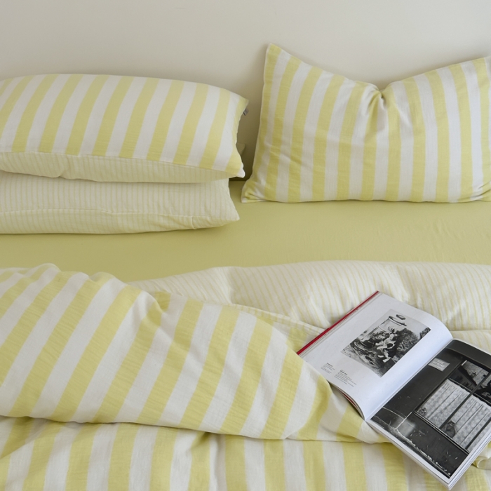 91家纺网 家纺一手货源 找家纺 玛奇朵 2023新款色织双层皱纱-韩系条纹四件套 韩系条纹-奶黄