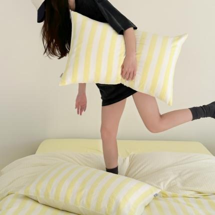 玛奇朵 2023新款色织双层皱纱-韩系条纹四件套 韩系条纹-奶黄