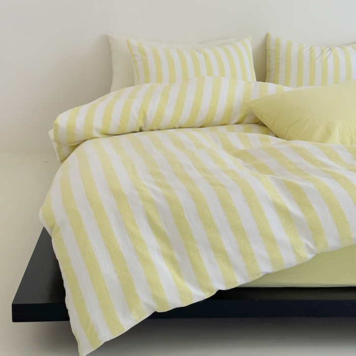 91家纺网 家纺一手货源 找家纺 玛奇朵 2023新款色织双层皱纱-韩系条纹四件套 韩系条纹-奶黄