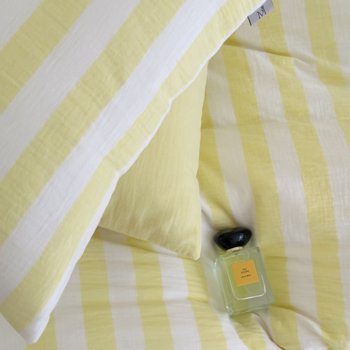 91家纺网 家纺一手货源 找家纺 玛奇朵 2023新款色织双层皱纱-韩系条纹四件套 韩系条纹-奶黄