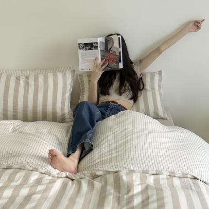 玛奇朵 2023新款色织双层皱纱-韩系条纹四件套 韩系条纹-奶咖