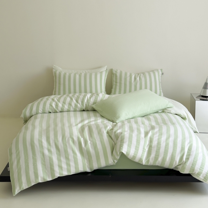 91家纺网 家纺一手货源 找家纺 玛奇朵 2023新款色织双层皱纱-韩系条纹四件套 韩系条纹-青提绿