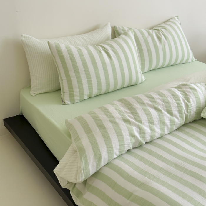 91家纺网 家纺一手货源 找家纺 玛奇朵 2023新款色织双层皱纱-韩系条纹四件套 韩系条纹-青提绿