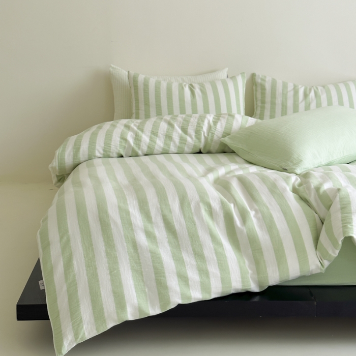 91家纺网 家纺一手货源 找家纺 玛奇朵 2023新款色织双层皱纱-韩系条纹四件套 韩系条纹-青提绿