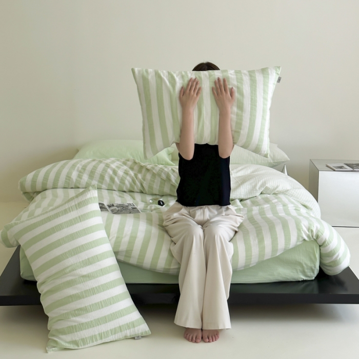 91家纺网 家纺一手货源 找家纺 玛奇朵 2023新款色织双层皱纱-韩系条纹四件套 韩系条纹-青提绿