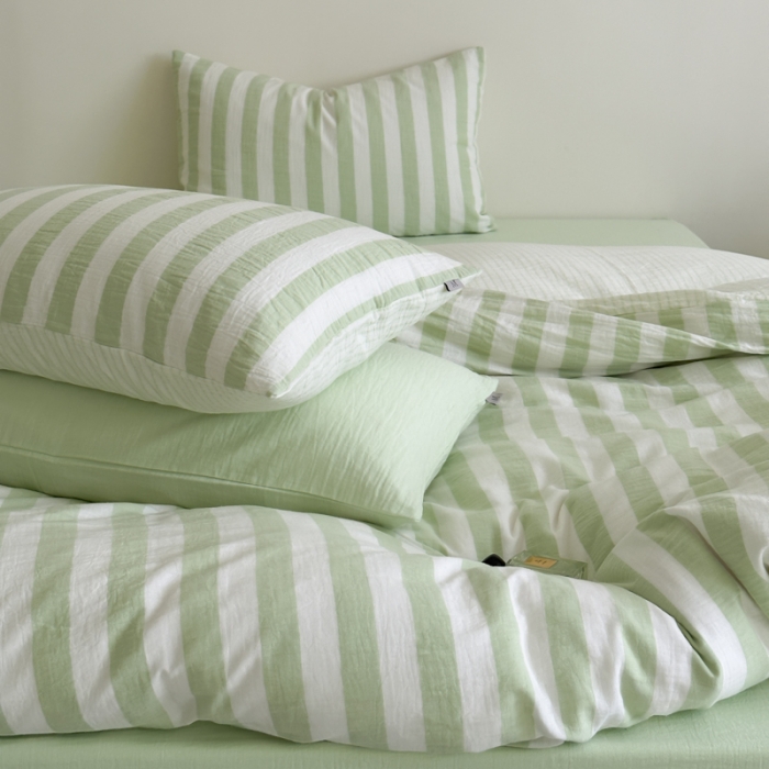 91家纺网 家纺一手货源 找家纺 玛奇朵 2023新款色织双层皱纱-韩系条纹四件套 韩系条纹-青提绿