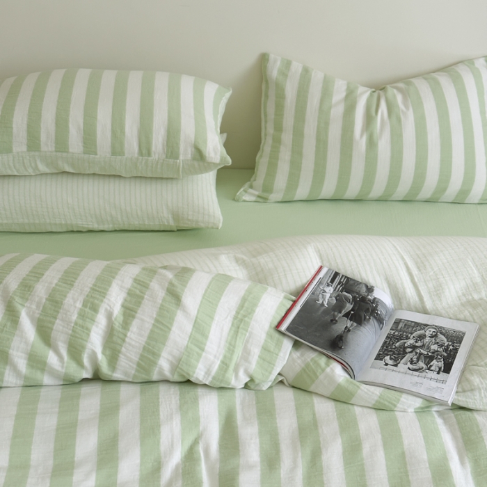 91家纺网 家纺一手货源 找家纺 玛奇朵 2023新款色织双层皱纱-韩系条纹四件套 韩系条纹-青提绿