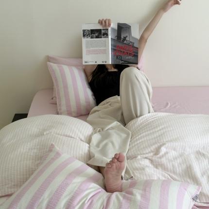 玛奇朵 2023新款色织双层皱纱-韩系条纹四件套 韩系条纹-桃粉