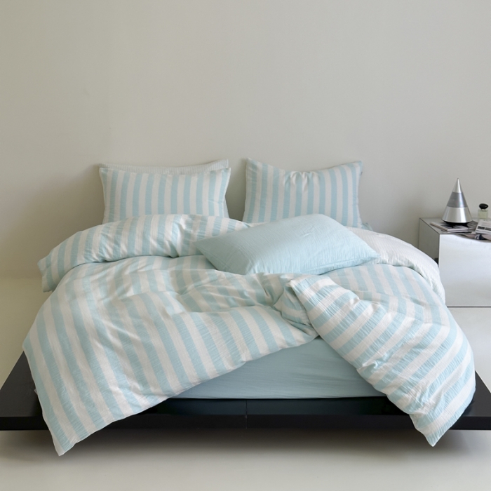 91家纺网 家纺一手货源 找家纺 玛奇朵 2023新款色织双层皱纱-韩系条纹四件套 韩系条纹-蔚蓝