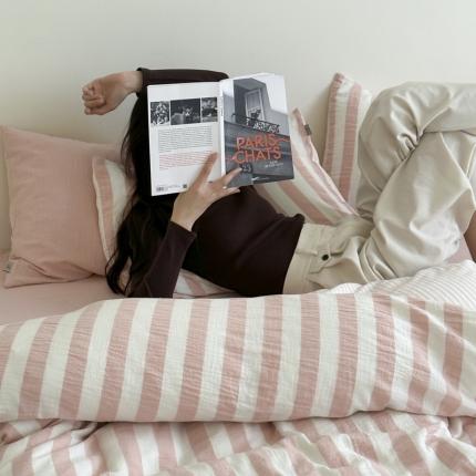 玛奇朵 2023新款色织双层皱纱-韩系条纹四件套 韩系条纹-雅粉