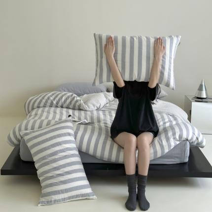 玛奇朵 2023新款色织双层皱纱-韩系条纹四件套 韩系条纹-月灰