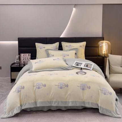 品家居 2025新款5D雕花牛奶绒四件套-心动玫瑰 黄拼灰