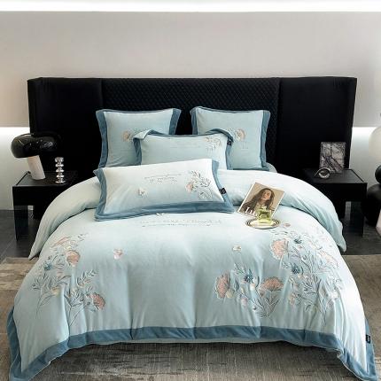 品家居 2025新款牛奶绒绣花四件套-蝶舞恋花 蓝色