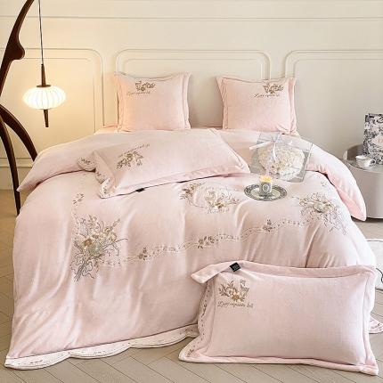 品家居 2025新款牛奶绒绣花四件套-露珠 露珠-依依粉