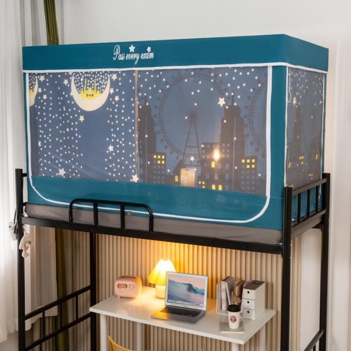 91家纺网 家纺一手货源 找家纺 学生宿舍蚊帐一体上下铺蚊帐遮光防尘床帘0.9米三开门拉链蚊帐 小城故事-遮光防蚊