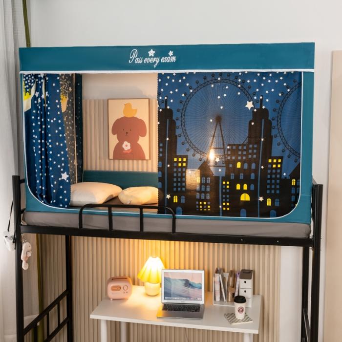 91家纺网 家纺一手货源 找家纺 学生宿舍蚊帐一体上下铺蚊帐遮光防尘床帘0.9米三开门拉链蚊帐 小城故事-遮光防蚊