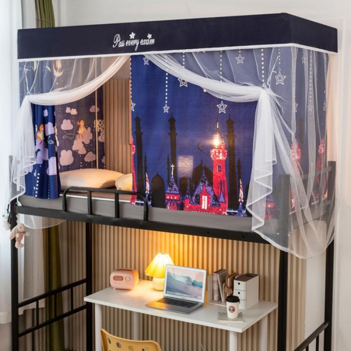 91家纺网 家纺一手货源 找家纺 学生宿舍蚊帐一体上下铺蚊帐遮光防尘床帘0.9米三开门拉链蚊帐 夜色叠门款-单门