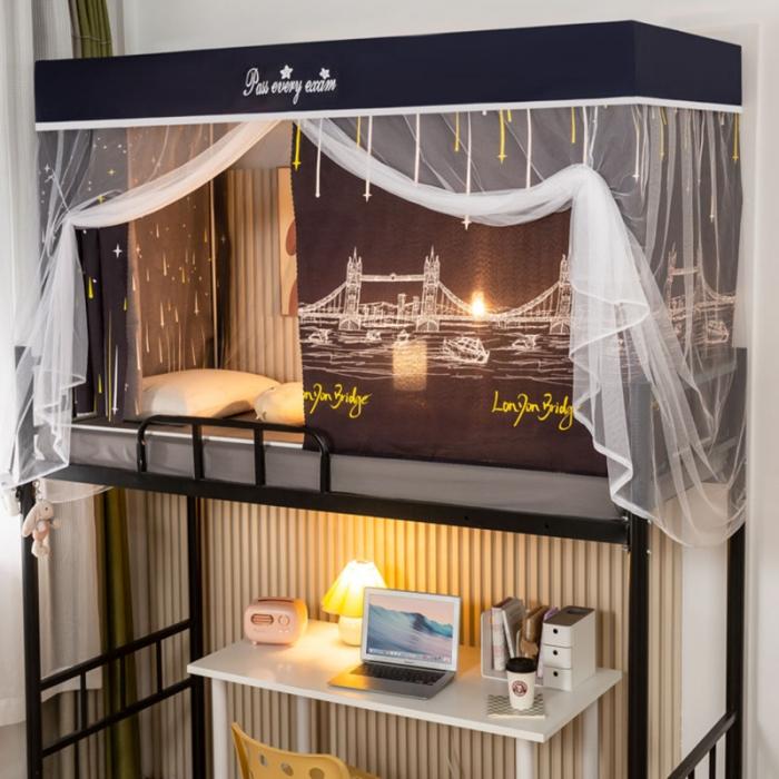 91家纺网 家纺一手货源 找家纺 学生宿舍蚊帐一体上下铺蚊帐遮光防尘床帘0.9米三开门拉链蚊帐 月光叠门款-单门