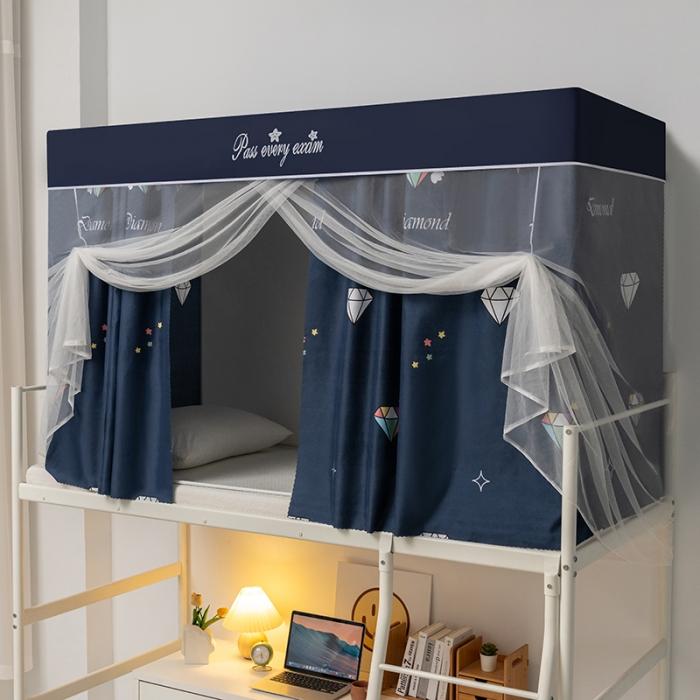 91家纺网 家纺一手货源 找家纺 学生宿舍蚊帐一体上下铺蚊帐遮光防尘床帘0.9米三开门拉链蚊帐 幸运熊叠门款-单门