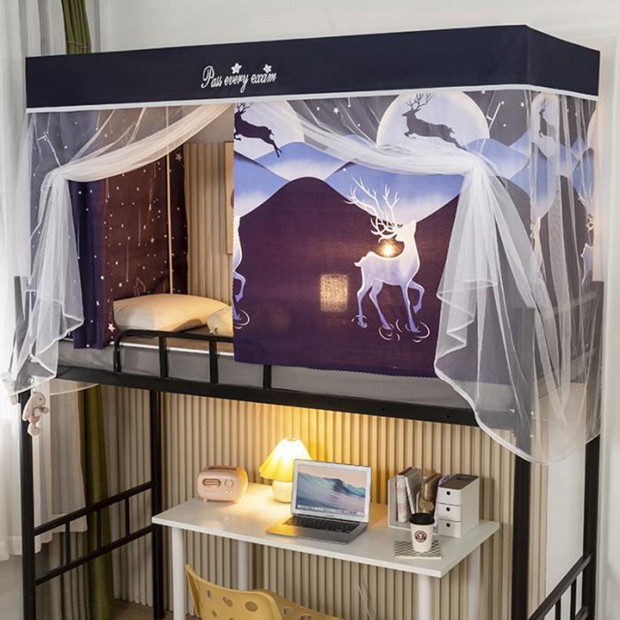 91家纺网 家纺一手货源 找家纺 学生宿舍蚊帐一体上下铺蚊帐遮光防尘床帘0.9米三开门拉链蚊帐 精灵鹿叠门款-单门