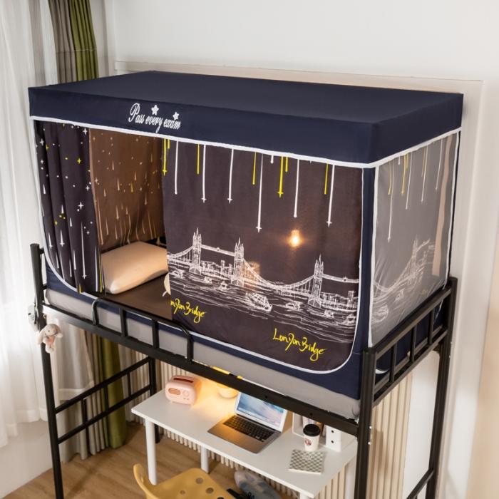 91家纺网 家纺一手货源 找家纺 学生宿舍蚊帐一体上下铺蚊帐遮光防尘床帘0.9米三开门拉链蚊帐 夜色-遮光防蚊