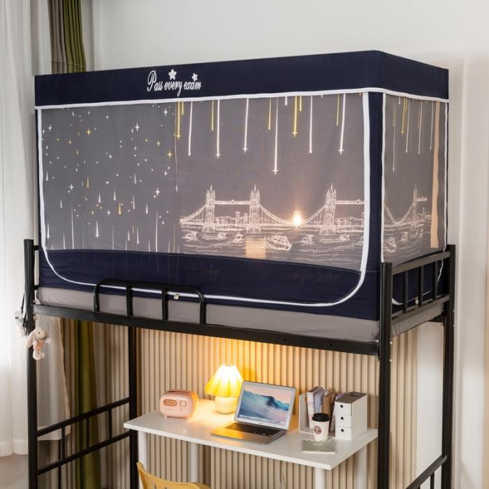 91家纺网 家纺一手货源 找家纺 学生宿舍蚊帐一体上下铺蚊帐遮光防尘床帘0.9米三开门拉链蚊帐 夜色-遮光防蚊