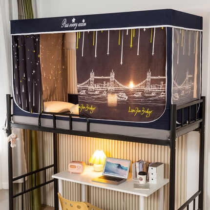 91家纺网 家纺一手货源 找家纺 学生宿舍蚊帐一体上下铺蚊帐遮光防尘床帘0.9米三开门拉链蚊帐 精灵鹿叠门款-单门