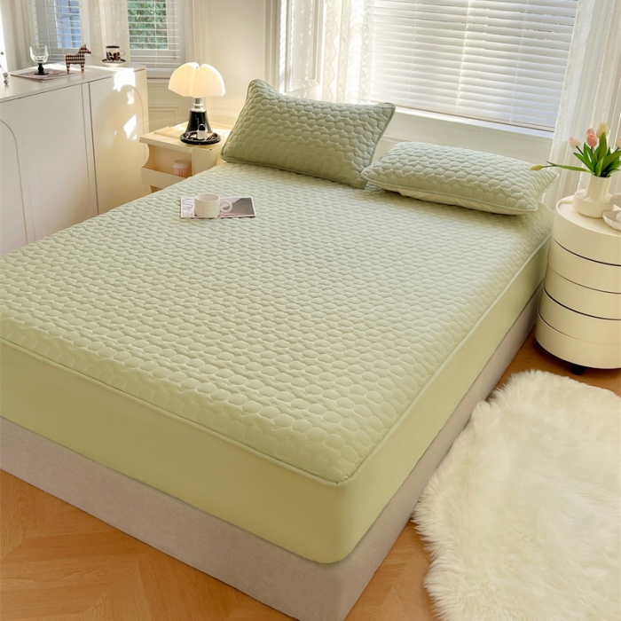 91家纺网 家纺一手货源 找家纺 梦舒羽 2025新款抗菌隔尿防水四季款夹棉加厚床笠床垫保护罩床垫套 苹果款-豆绿