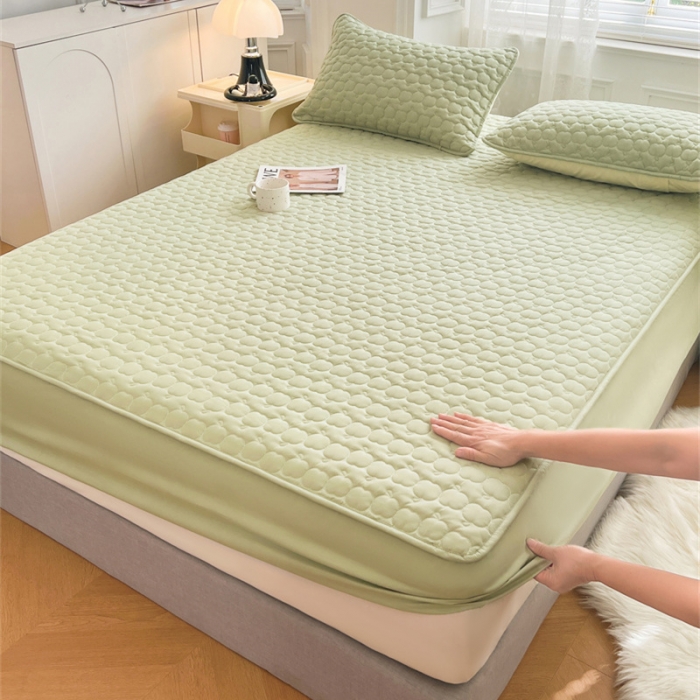 91家纺网 家纺一手货源 找家纺 梦舒羽 2025新款抗菌隔尿防水四季款夹棉加厚床笠床垫保护罩床垫套 苹果款-豆绿