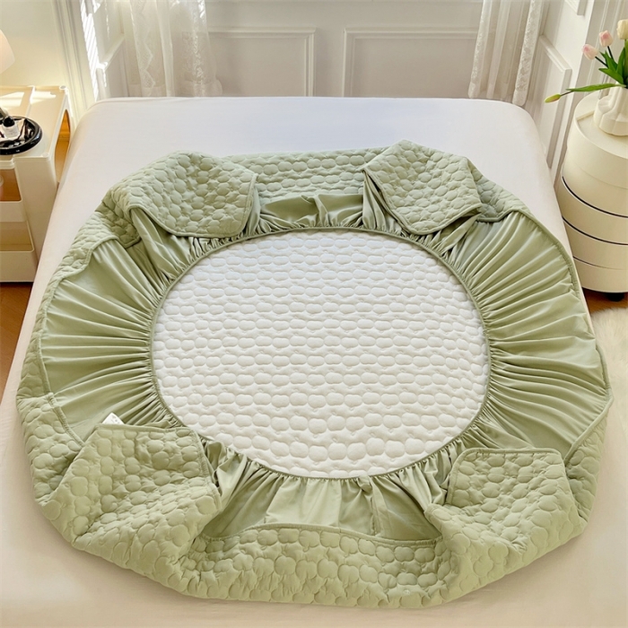 91家纺网 家纺一手货源 找家纺 梦舒羽 2025新款抗菌隔尿防水四季款夹棉加厚床笠床垫保护罩床垫套 苹果款-豆绿