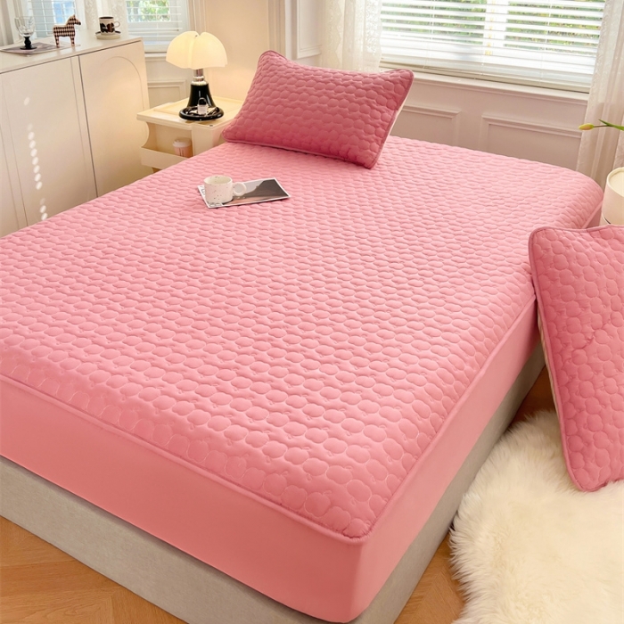 91家纺网 家纺一手货源 找家纺 梦舒羽 2025新款抗菌隔尿防水四季款夹棉加厚床笠床垫保护罩床垫套 苹果款-玫红