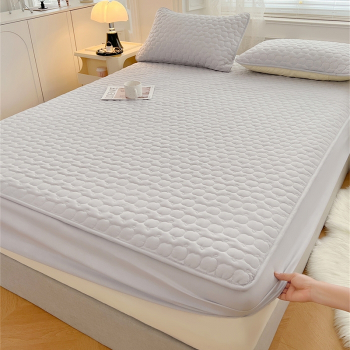 91家纺网 家纺一手货源 找家纺 梦舒羽 2025新款抗菌隔尿防水四季款夹棉加厚床笠床垫保护罩床垫套 苹果款-浅灰