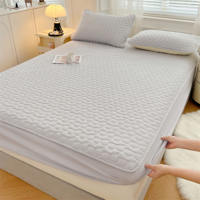 91家纺网 家纺一手货源 找家纺 梦舒羽 2025新款抗菌隔尿防水四季款夹棉加厚床笠床垫保护罩床垫套 苹果款-浅灰