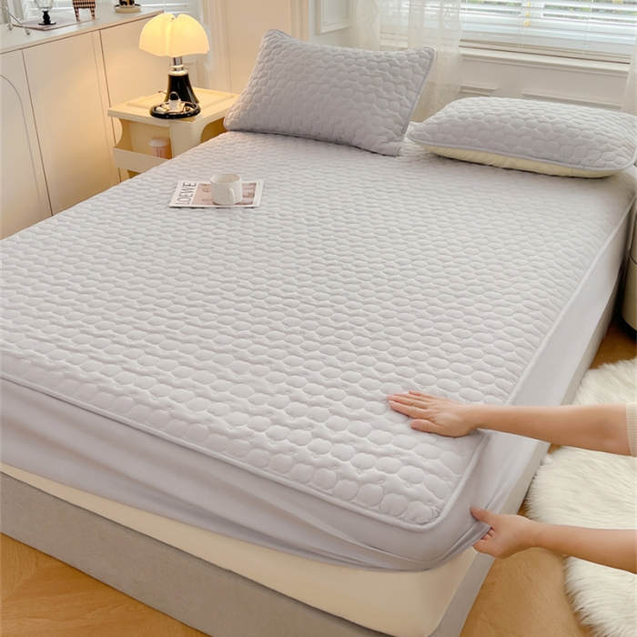 91家纺网 家纺一手货源 找家纺 梦舒羽 2025新款抗菌隔尿防水四季款夹棉加厚床笠床垫保护罩床垫套 苹果款-浅灰