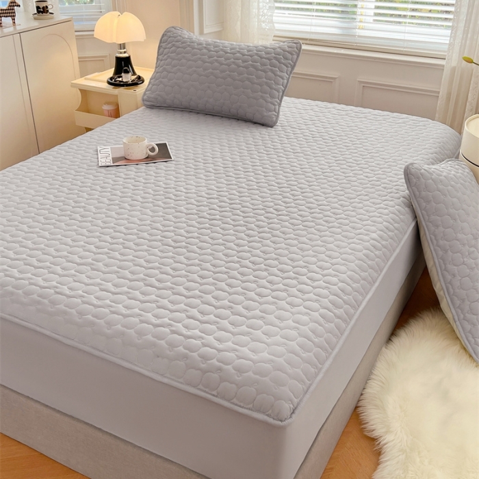 91家纺网 家纺一手货源 找家纺 梦舒羽 2025新款抗菌隔尿防水四季款夹棉加厚床笠床垫保护罩床垫套 苹果款-浅灰