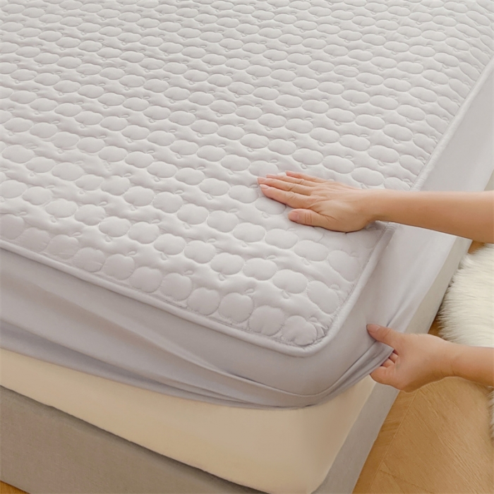 91家纺网 家纺一手货源 找家纺 梦舒羽 2025新款抗菌隔尿防水四季款夹棉加厚床笠床垫保护罩床垫套 苹果款-浅灰