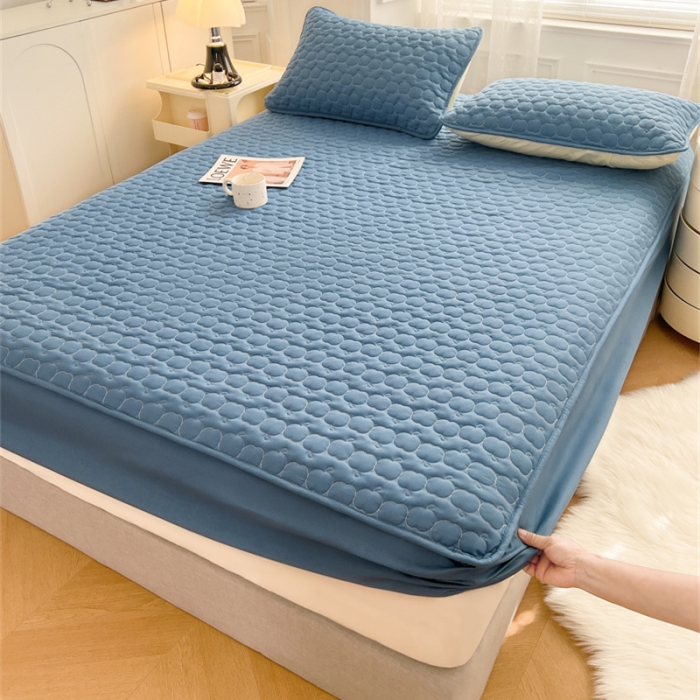 91家纺网 家纺一手货源 找家纺 梦舒羽2025新款抗菌隔尿防水四季款夹棉加厚床笠床垫保护罩床垫套 苹果款-深蓝