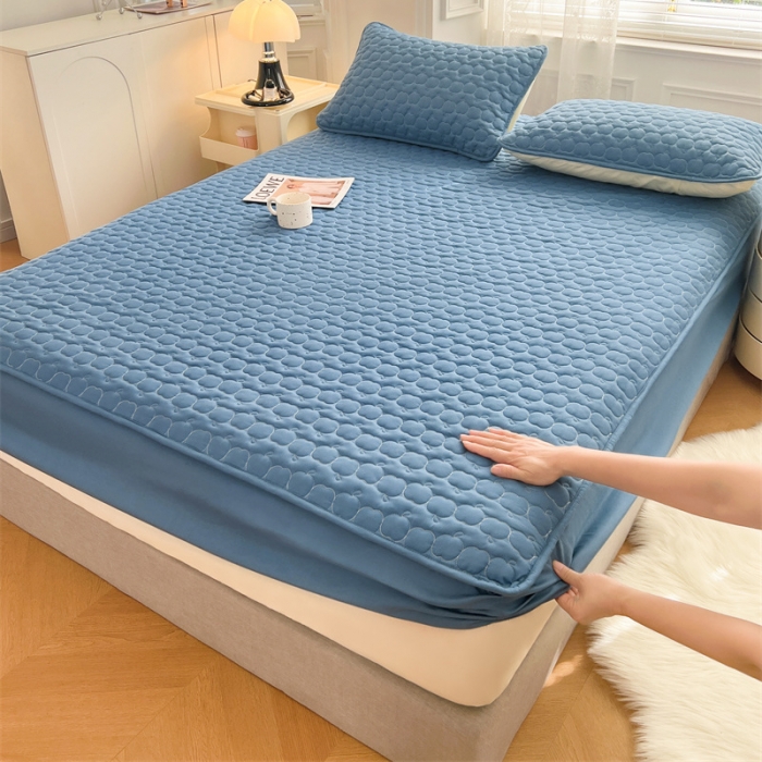 91家纺网 家纺一手货源 找家纺 梦舒羽2025新款抗菌隔尿防水四季款夹棉加厚床笠床垫保护罩床垫套 苹果款-深蓝