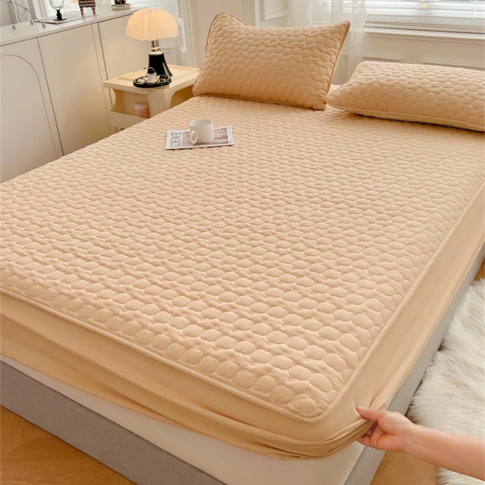 91家纺网 家纺一手货源 找家纺 梦舒羽 2025新款抗菌隔尿防水四季款夹棉加厚床笠床垫保护罩床垫套 苹果款-杏黄