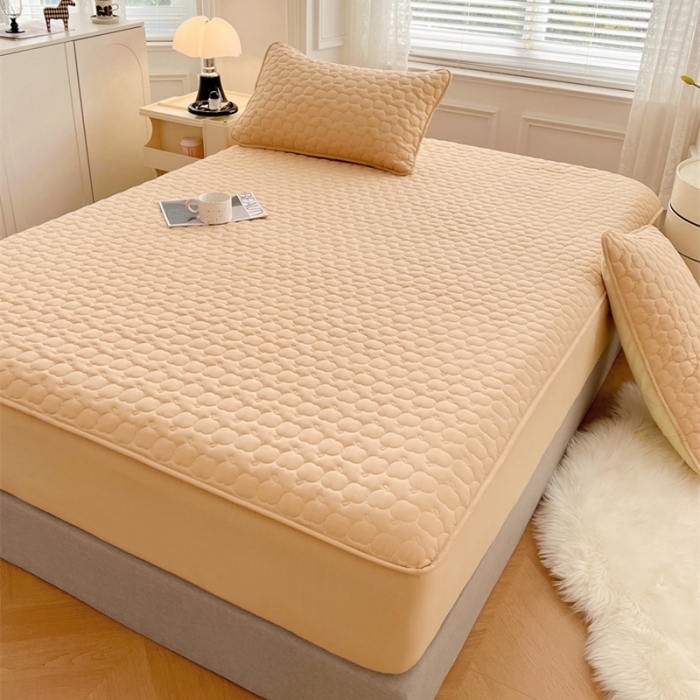 91家纺网 家纺一手货源 找家纺 梦舒羽 2025新款抗菌隔尿防水四季款夹棉加厚床笠床垫保护罩床垫套 苹果款-杏黄