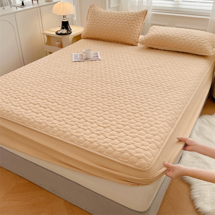 91家纺网 家纺一手货源 找家纺 梦舒羽 2025新款抗菌隔尿防水四季款夹棉加厚床笠床垫保护罩床垫套 苹果款-杏黄