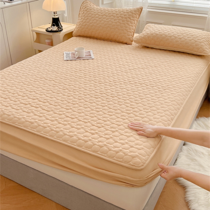 91家纺网 家纺一手货源 找家纺 梦舒羽 2025新款抗菌隔尿防水四季款夹棉加厚床笠床垫保护罩床垫套 苹果款-杏黄