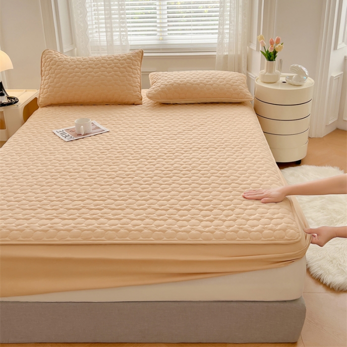 91家纺网 家纺一手货源 找家纺 梦舒羽 2025新款抗菌隔尿防水四季款夹棉加厚床笠床垫保护罩床垫套 苹果款-杏黄