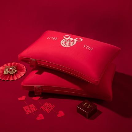 （总）织布人2023新款枕芯以爱之名结两姓之好大红全棉刺绣婚庆枕头枕芯