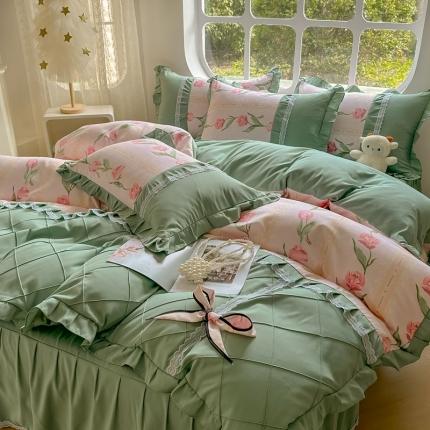 91家纺网 家纺一手货源 找家纺 金米诺 2024新款蝴蝶结韩版蕾丝花边床裙四件套 泫雅-樱桃粉