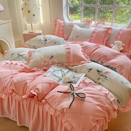 91家纺网 家纺一手货源 找家纺 金米诺 2024新款蝴蝶结韩版蕾丝花边床裙四件套 洛阳花开-米驼