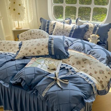 91家纺网 家纺一手货源 找家纺 金米诺 2024新款蝴蝶结韩版蕾丝花边床裙四件套 爱丽丝花园